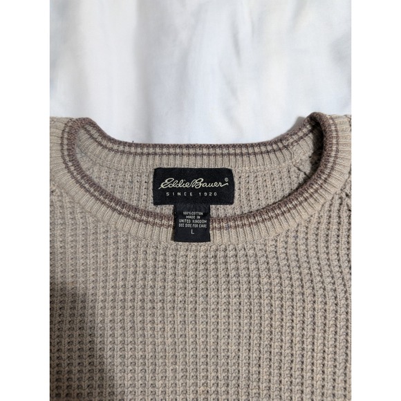 Eddie Bauer Sweater Mens L Oatmeal Waffle Knit Cotton Made in UK Fisherman Crew - Picture 2 of 9